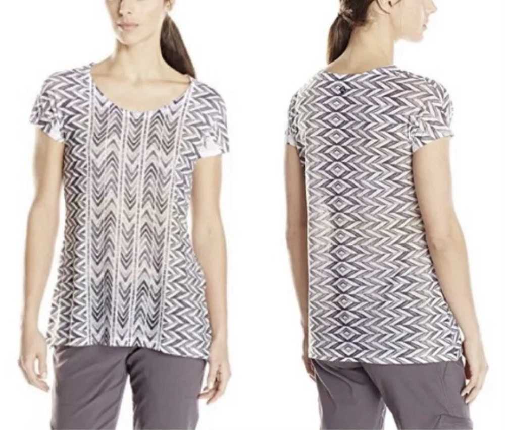 PrAna Danni ChevronT-Shirt Women L Gray Purple Geometric Breathable Short Sleeve